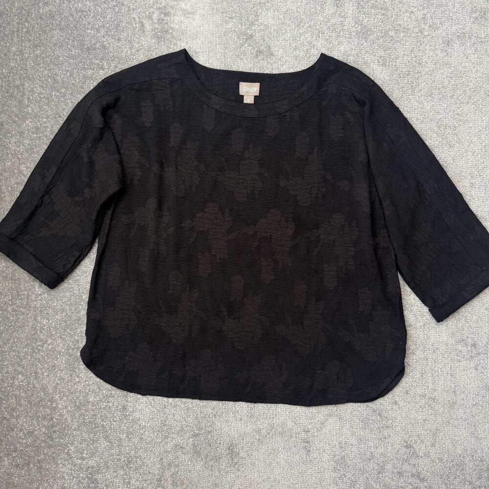 Chicos Shirt Womens 3 (US XL) Black Textured Jacquard Floral Pullover Blouse Top